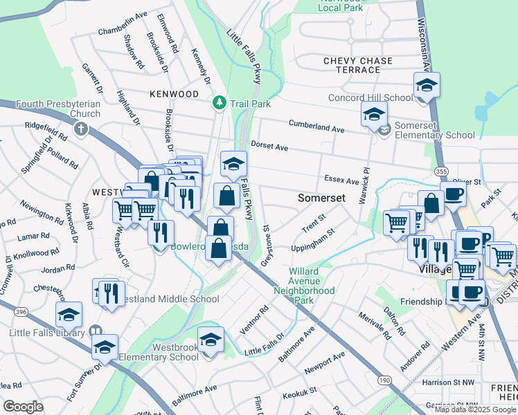 map of restaurants, bars, coffee shops, grocery stores, and more near 5520 Greystone Street in Chevy Chase