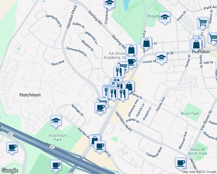 map of restaurants, bars, coffee shops, grocery stores, and more near 1139 Cypress Tree Place in Herndon
