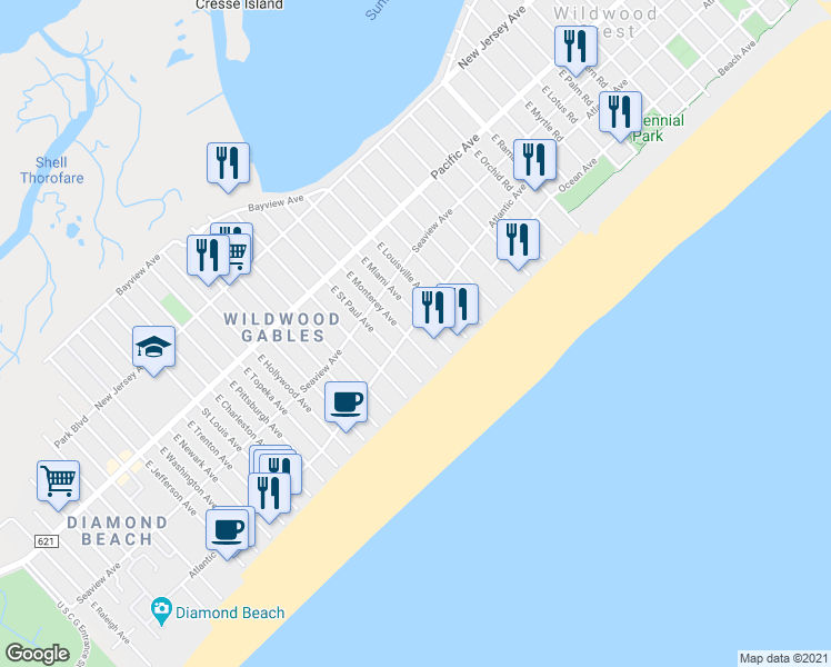 map of restaurants, bars, coffee shops, grocery stores, and more near 8003 Atlantic Avenue in Wildwood Crest