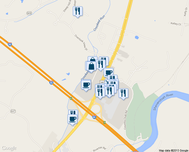 map of restaurants, bars, coffee shops, grocery stores, and more near 236 Crooked Run Plaza in Front Royal