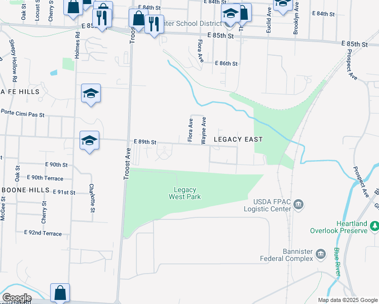 map of restaurants, bars, coffee shops, grocery stores, and more near 1407 East 89th Street in Kansas City