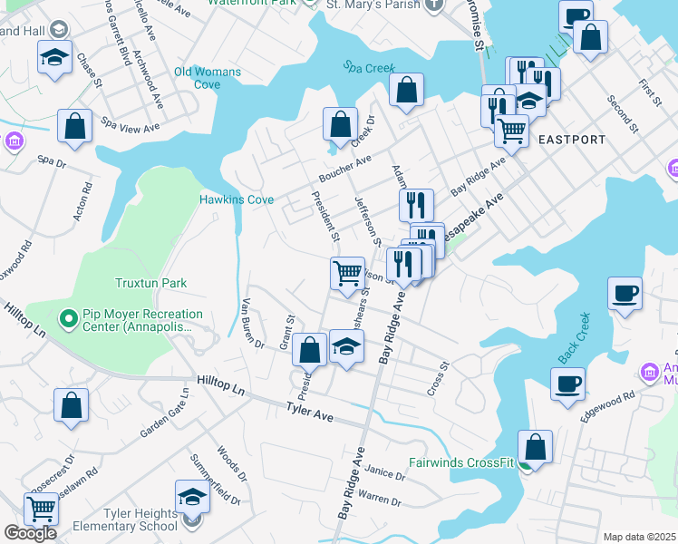map of restaurants, bars, coffee shops, grocery stores, and more near 1001 President Street in Annapolis