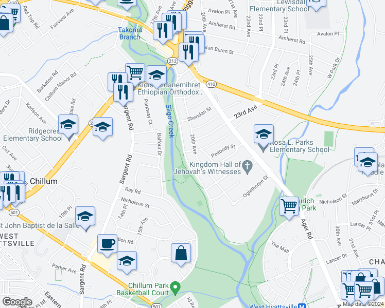 map of restaurants, bars, coffee shops, grocery stores, and more near 6230 20th Avenue in Hyattsville
