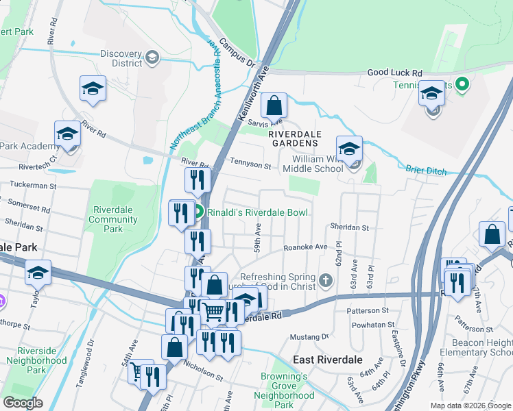 map of restaurants, bars, coffee shops, grocery stores, and more near 6400 59th Avenue in East Riverdale