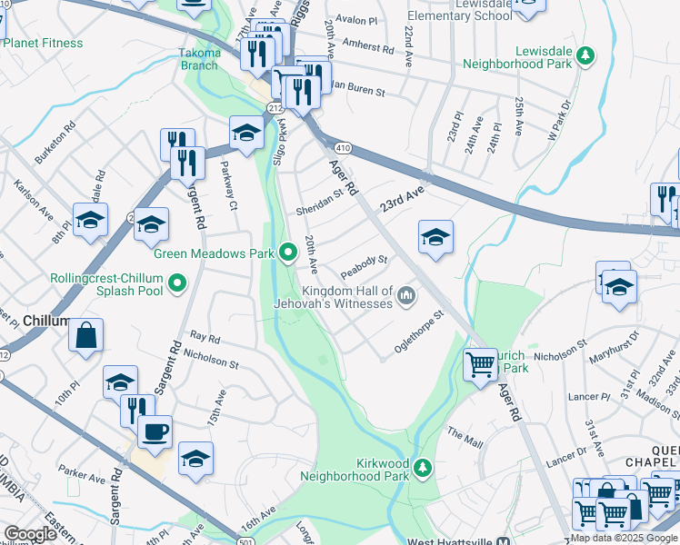 map of restaurants, bars, coffee shops, grocery stores, and more near 2000 Peabody Street in Hyattsville
