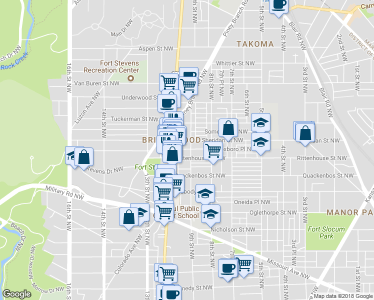 map of restaurants, bars, coffee shops, grocery stores, and more near 6216 9th Street Northwest in Washington