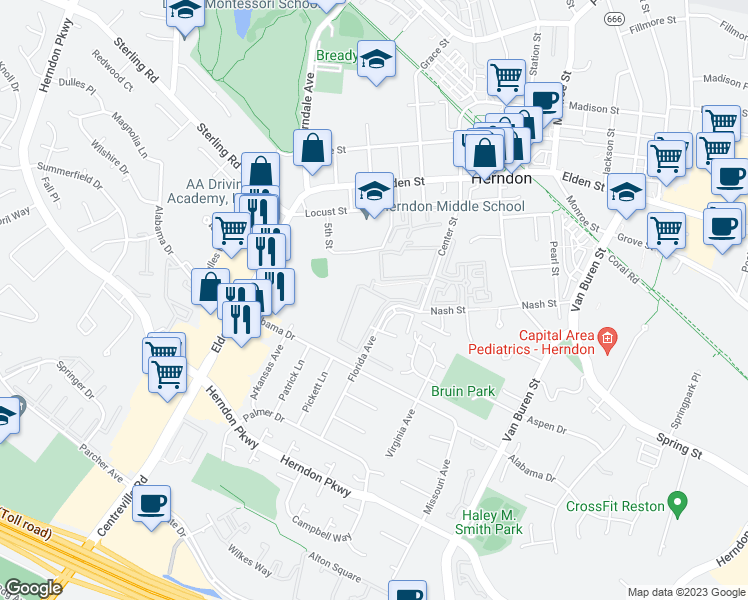 map of restaurants, bars, coffee shops, grocery stores, and more near 515 Florida Avenue in Herndon