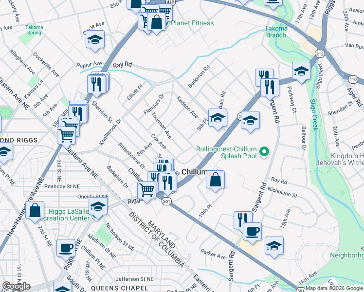 map of restaurants, bars, coffee shops, grocery stores, and more near 834 Thurman Avenue in Hyattsville