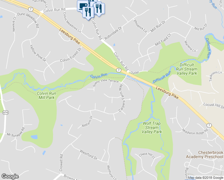 map of restaurants, bars, coffee shops, grocery stores, and more near 10007 Scenic View Terrace in Vienna