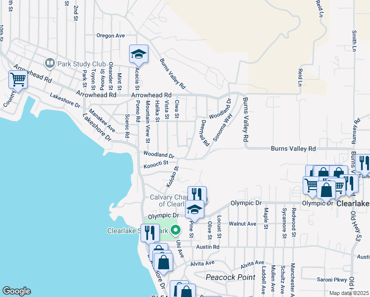 map of restaurants, bars, coffee shops, grocery stores, and more near 14212 Woodland Drive in Clearlake