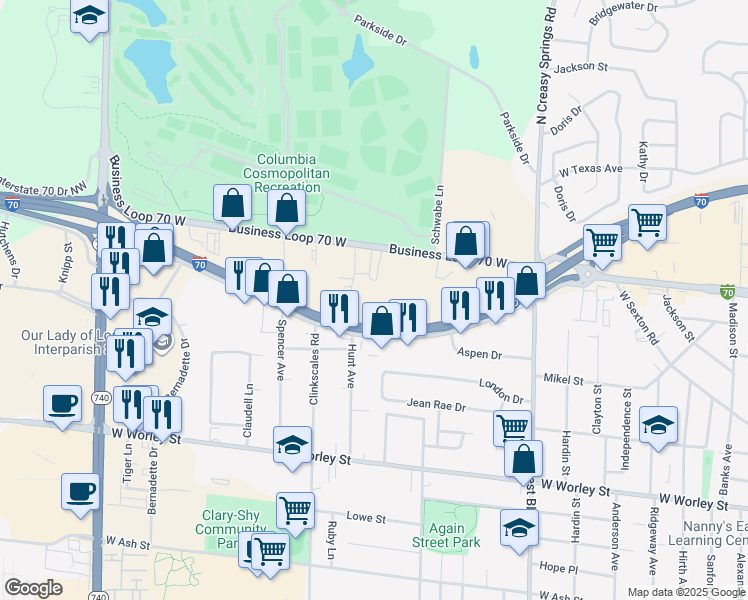 map of restaurants, bars, coffee shops, grocery stores, and more near 1408 Baseline Place in Columbia