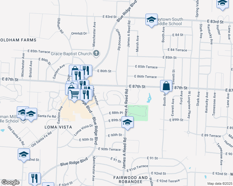 map of restaurants, bars, coffee shops, grocery stores, and more near 8001 East 88th Street in Kansas City