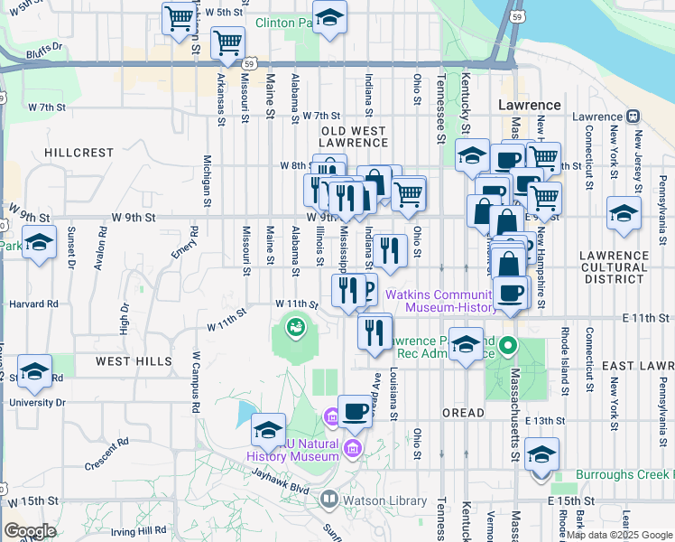 map of restaurants, bars, coffee shops, grocery stores, and more near 1000 Mississippi Street in Lawrence