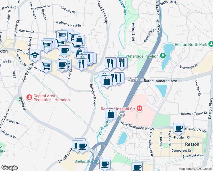 map of restaurants, bars, coffee shops, grocery stores, and more near 607 Carlisle Dr in Herndon