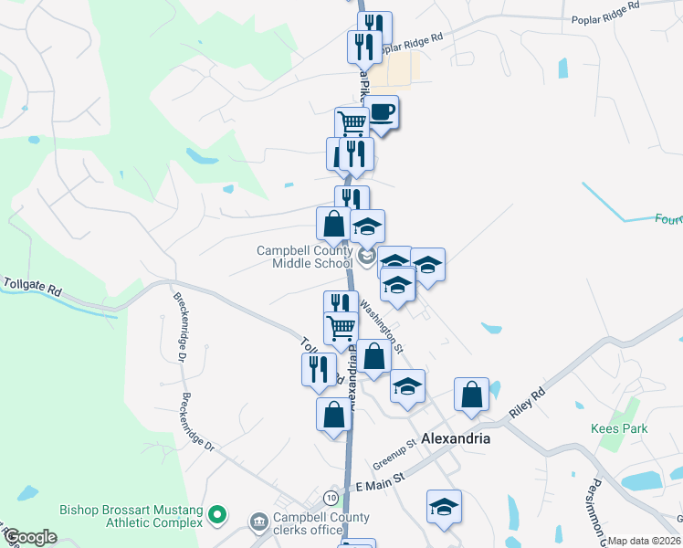 map of restaurants, bars, coffee shops, grocery stores, and more near 7979 Alexandria Pike in Alexandria