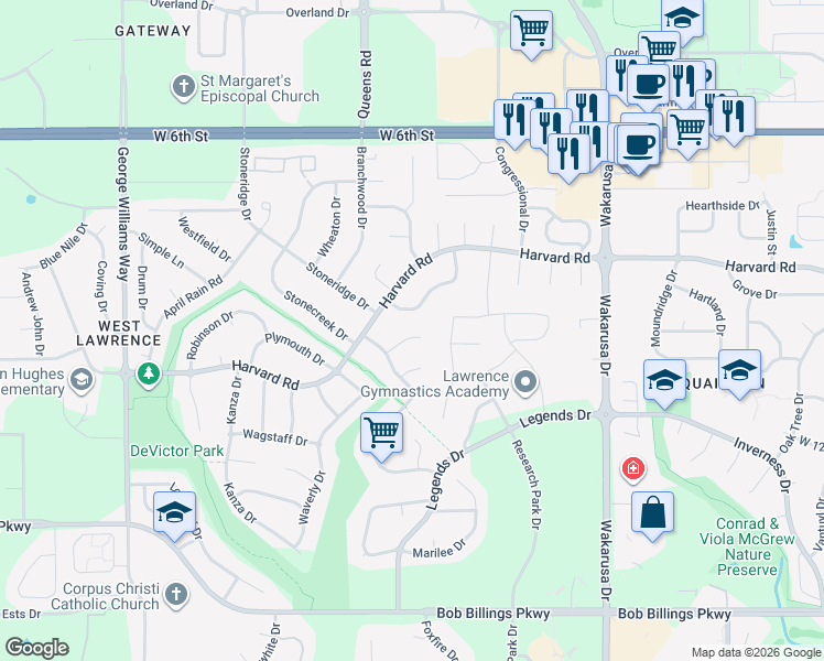 map of restaurants, bars, coffee shops, grocery stores, and more near 5212 Stonecreek Court in Lawrence
