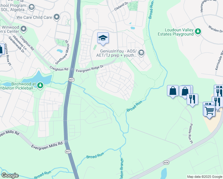 map of restaurants, bars, coffee shops, grocery stores, and more near 23596 Hopewell Manor Terrace in Ashburn