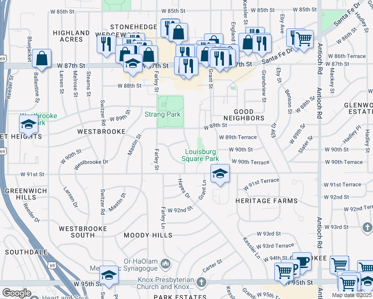 map of restaurants, bars, coffee shops, grocery stores, and more near 8938 Knox Lane in Overland Park