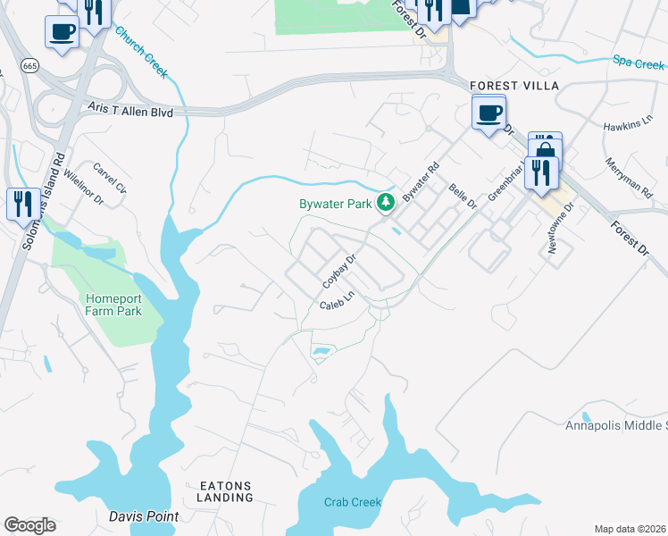 map of restaurants, bars, coffee shops, grocery stores, and more near 715 Coybay Drive in Annapolis