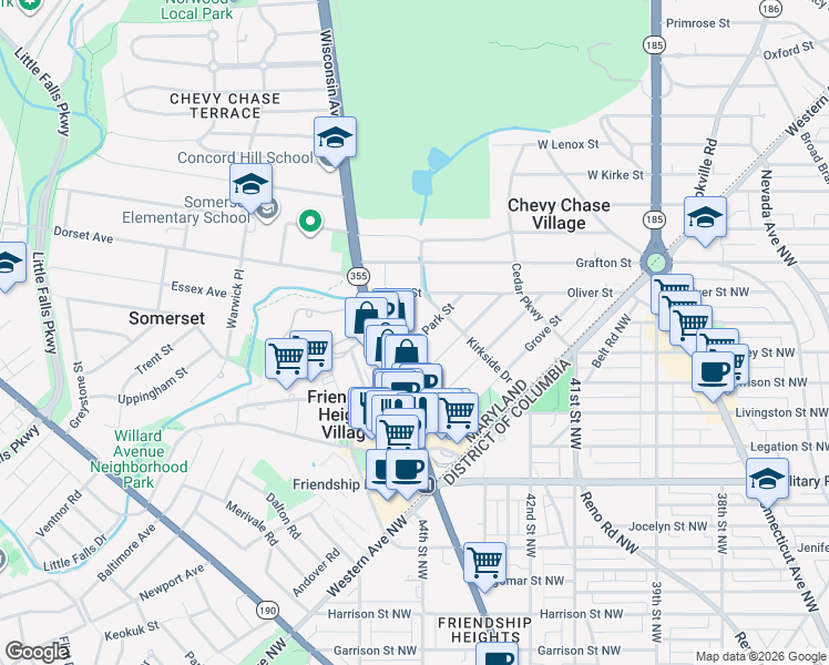 map of restaurants, bars, coffee shops, grocery stores, and more near 5500 Park Street in Chevy Chase
