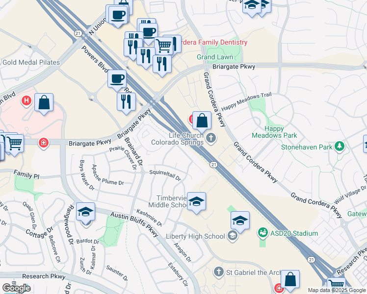 map of restaurants, bars, coffee shops, grocery stores, and more near 9336 Wolf Pack Terrace in Colorado Springs