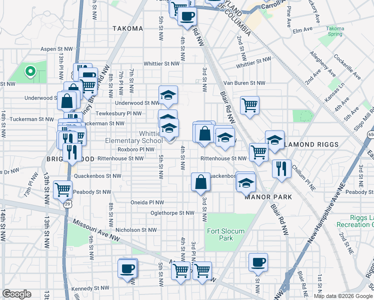 map of restaurants, bars, coffee shops, grocery stores, and more near 6217 4th St NW in Washington