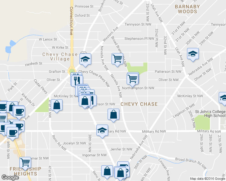 map of restaurants, bars, coffee shops, grocery stores, and more near 5607 Chevy Chase Pkwy NW in Washington
