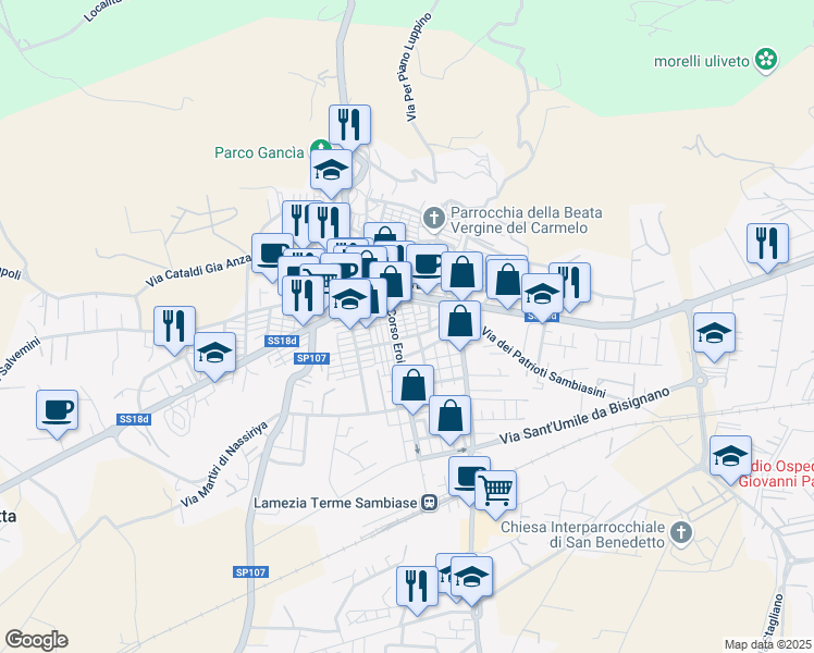 map of restaurants, bars, coffee shops, grocery stores, and more near 16 Via Duca degli Abruzzi in Lamezia Terme