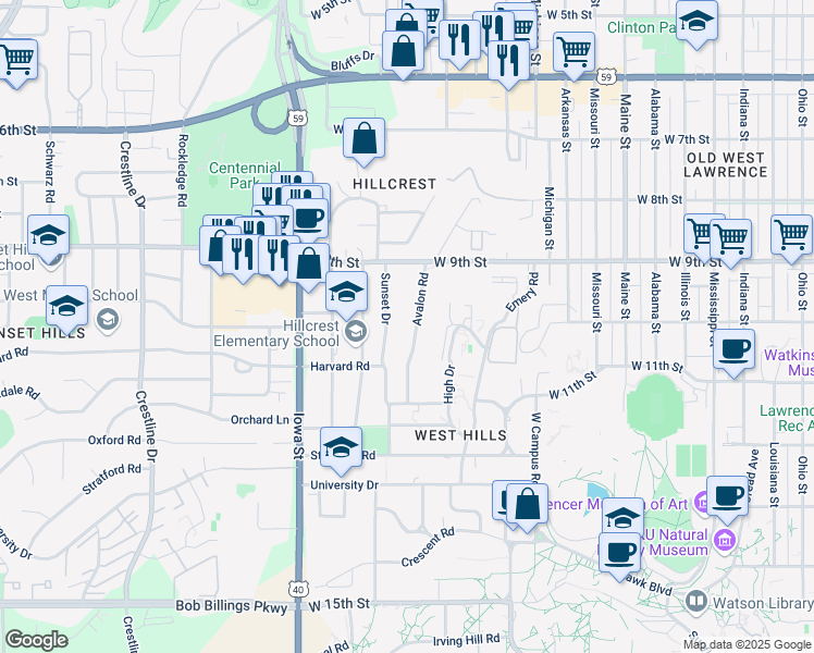 map of restaurants, bars, coffee shops, grocery stores, and more near 1001 Avalon Road in Lawrence