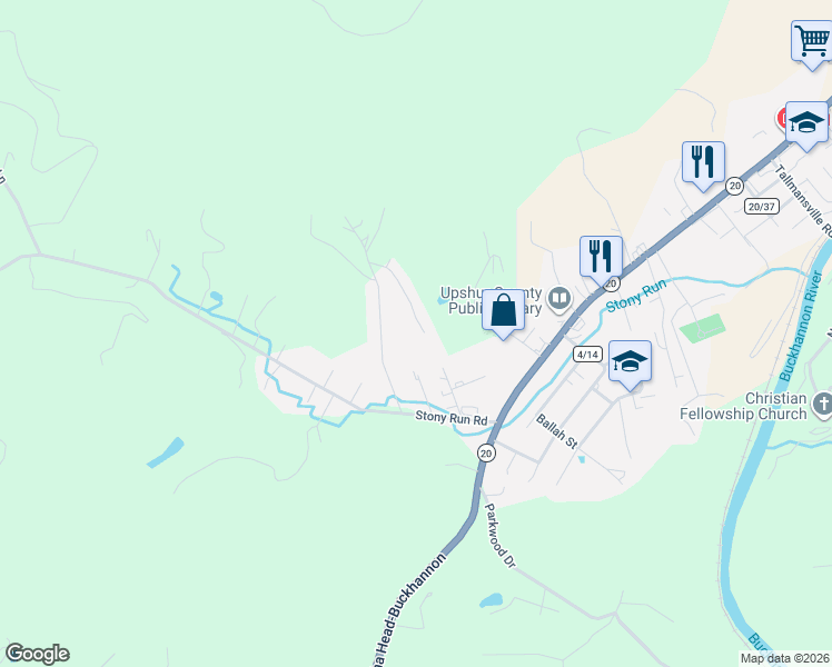 map of restaurants, bars, coffee shops, grocery stores, and more near 176 Evergreen Drive in Buckhannon