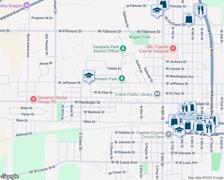map of restaurants, bars, coffee shops, grocery stores, and more near 1231 West Street Clair Street in Vandalia