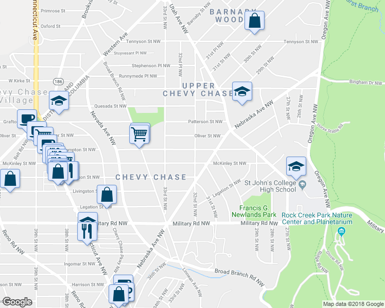 map of restaurants, bars, coffee shops, grocery stores, and more near 5618 32nd Street Northwest in Washington