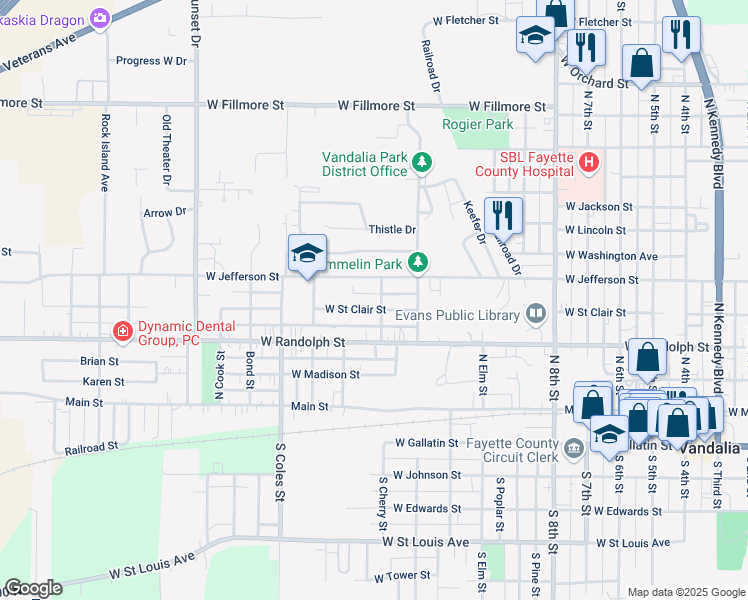 map of restaurants, bars, coffee shops, grocery stores, and more near 1231 West Street Clair Street in Vandalia