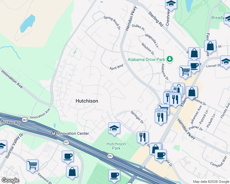 map of restaurants, bars, coffee shops, grocery stores, and more near 2227 Monaghan Drive in Herndon