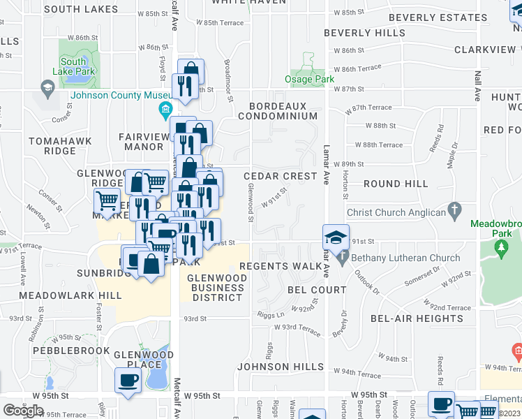 map of restaurants, bars, coffee shops, grocery stores, and more near 6527 West 91st Street in Overland Park