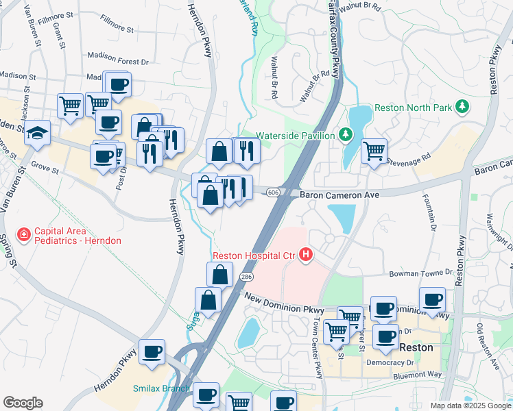 map of restaurants, bars, coffee shops, grocery stores, and more near 131 Elden Street in Herndon