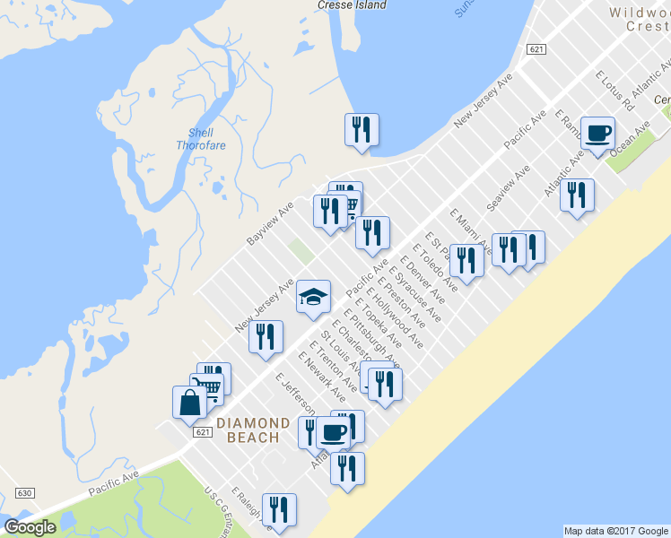 map of restaurants, bars, coffee shops, grocery stores, and more near 111 East Topeka Avenue in Wildwood Crest