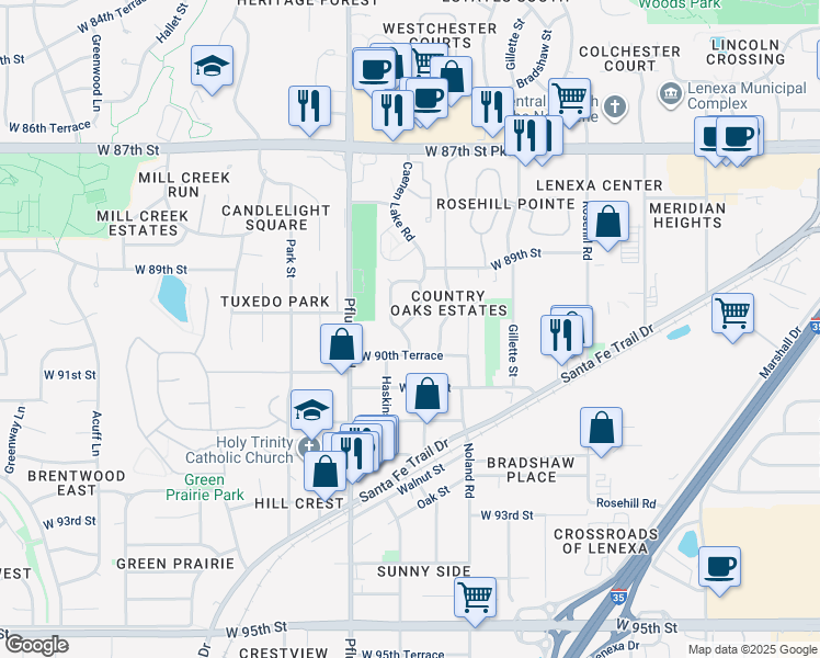 map of restaurants, bars, coffee shops, grocery stores, and more near 8933 Caenen Lake Road in Lenexa