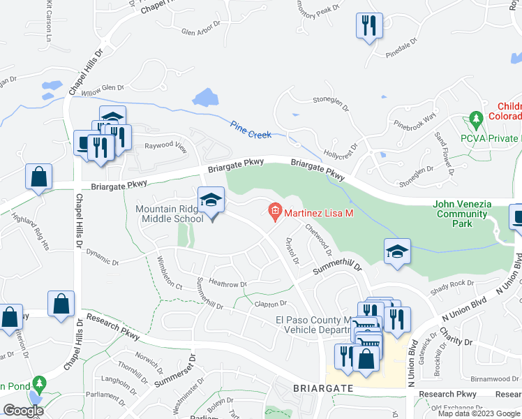 map of restaurants, bars, coffee shops, grocery stores, and more near 2850 Bethune Court in Colorado Springs