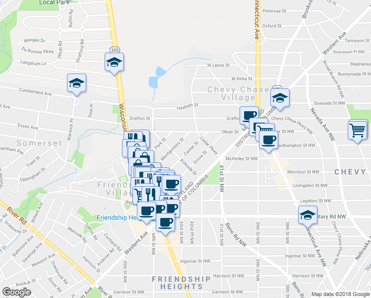 map of restaurants, bars, coffee shops, grocery stores, and more near 5506 Center Street in Chevy Chase