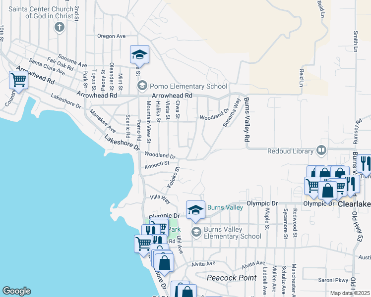 map of restaurants, bars, coffee shops, grocery stores, and more near 14212 Woodland Drive in Clearlake