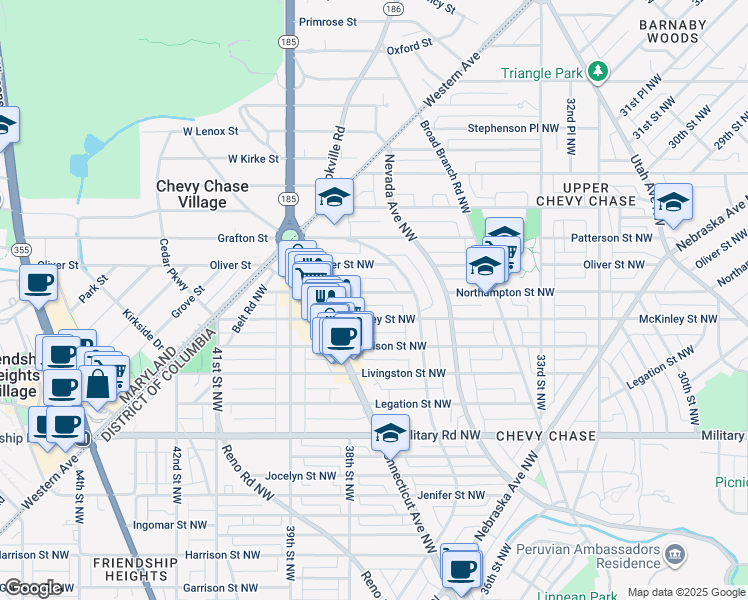 map of restaurants, bars, coffee shops, grocery stores, and more near 3730 Northampton Street Northwest in Washington