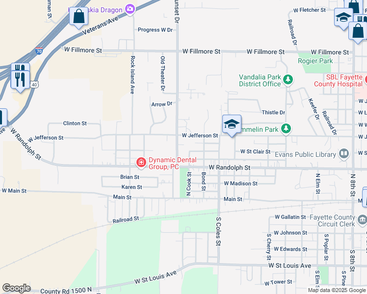 map of restaurants, bars, coffee shops, grocery stores, and more near 1830 Paula Lane in Vandalia