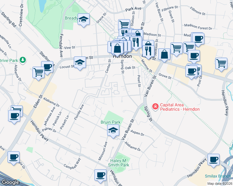 map of restaurants, bars, coffee shops, grocery stores, and more near 652 Legacy Pride Drive in Herndon
