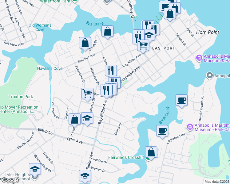 map of restaurants, bars, coffee shops, grocery stores, and more near 921 Chesapeake Avenue in Annapolis