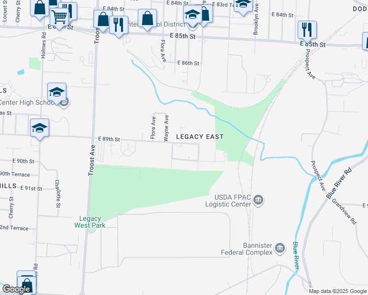 map of restaurants, bars, coffee shops, grocery stores, and more near 1621 East 89th Street in Kansas City
