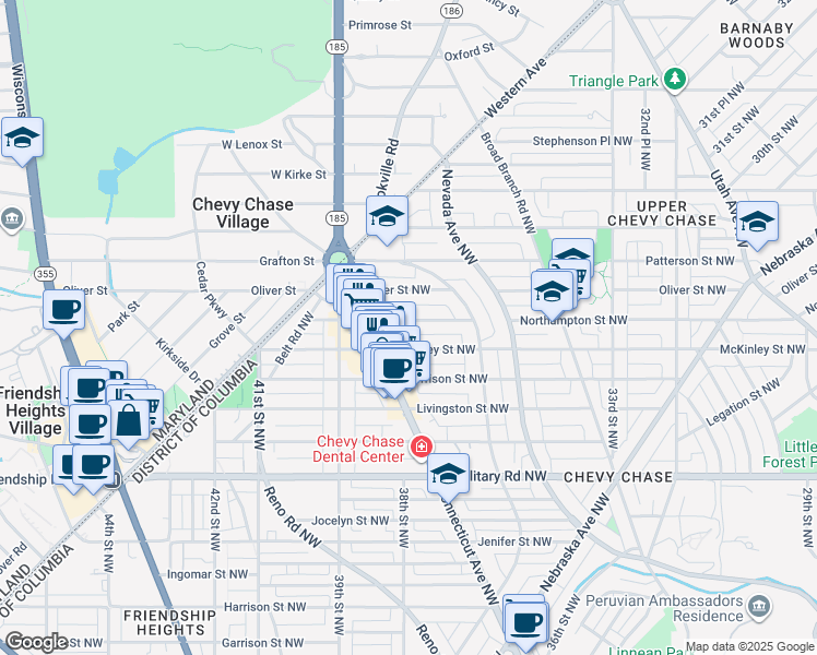 map of restaurants, bars, coffee shops, grocery stores, and more near 3750 Northampton Street Northwest in Washington