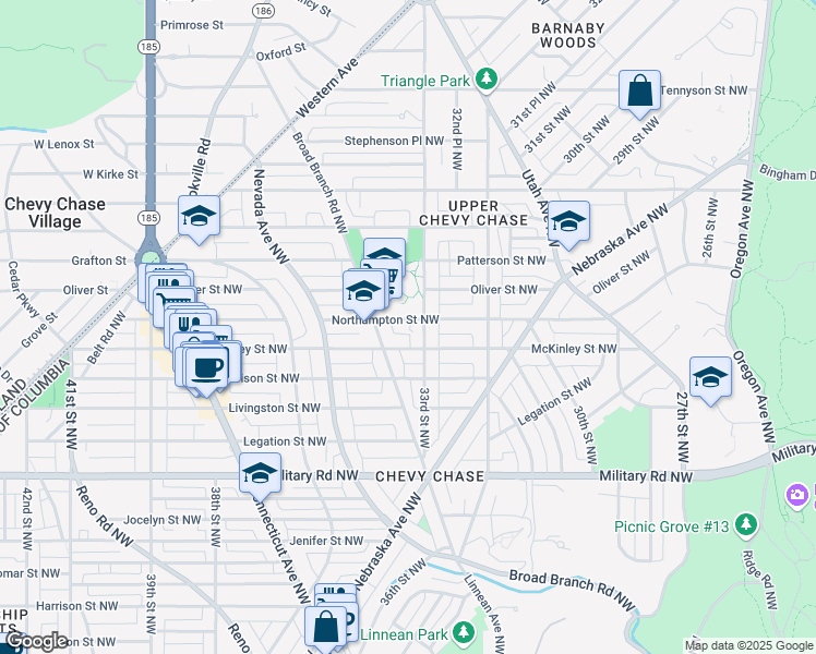 map of restaurants, bars, coffee shops, grocery stores, and more near 3312 Northampton Street Northwest in Washington