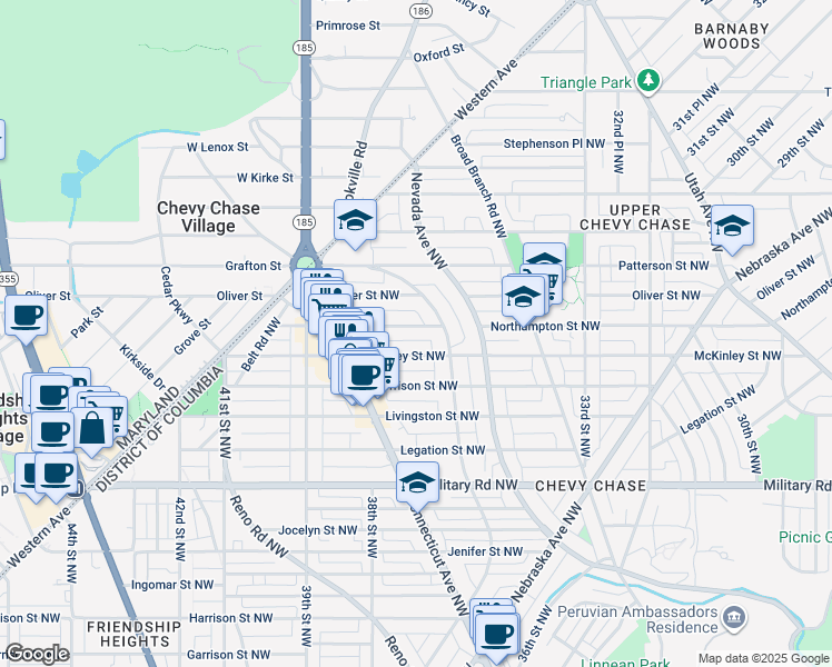 map of restaurants, bars, coffee shops, grocery stores, and more near 3724 Northampton Street Northwest in Washington