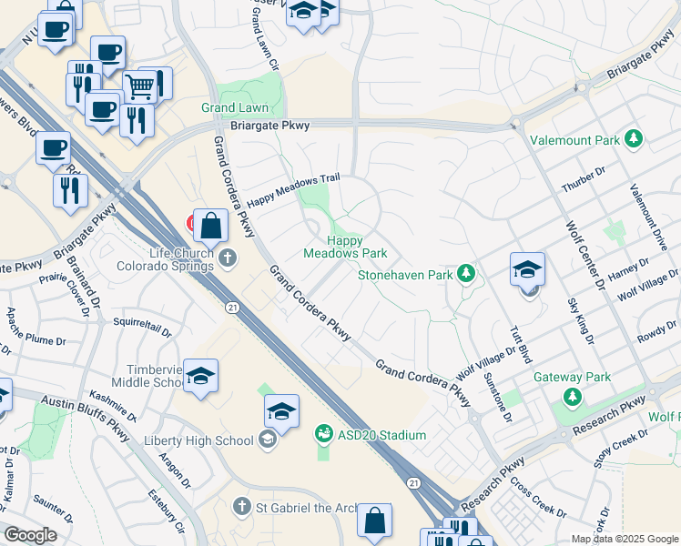 map of restaurants, bars, coffee shops, grocery stores, and more near 5076 Galloping Goose Way in Colorado Springs